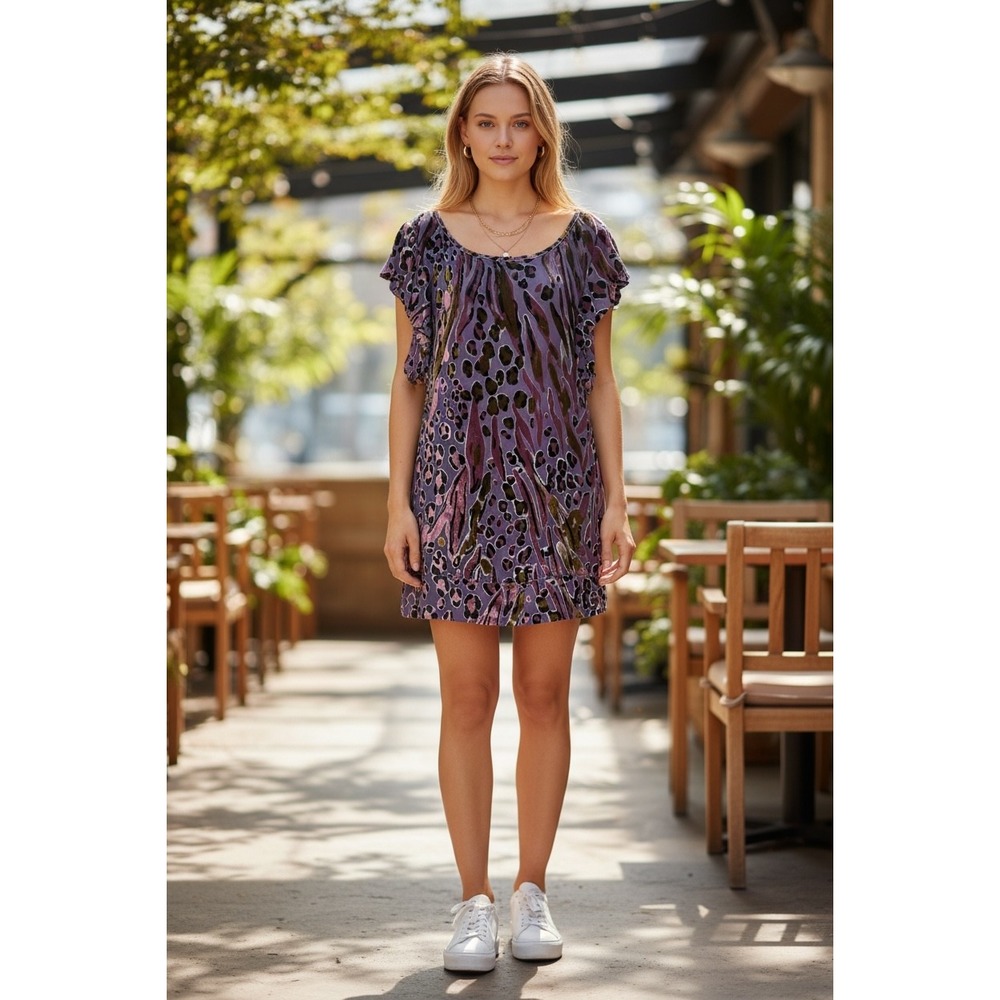 Seventy Two Changes Dress 4 Purple Silk Blend Boho Burnout Velvet Animal Mini